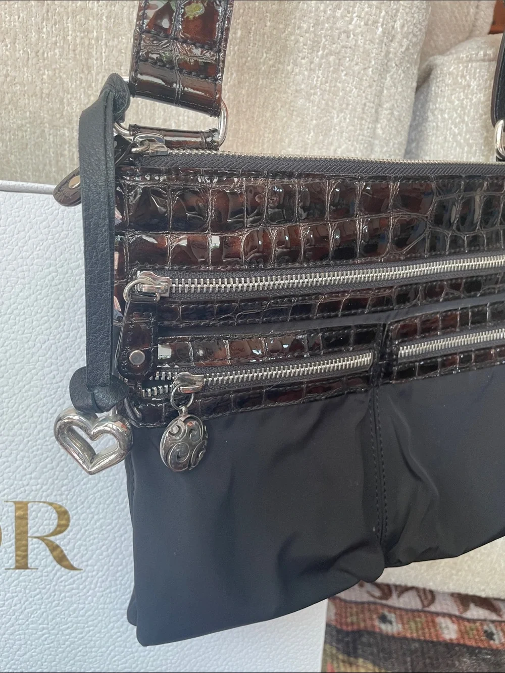 Brighton Brown Croc Embossed Crossbody Adjustable Bag With Silver Heart